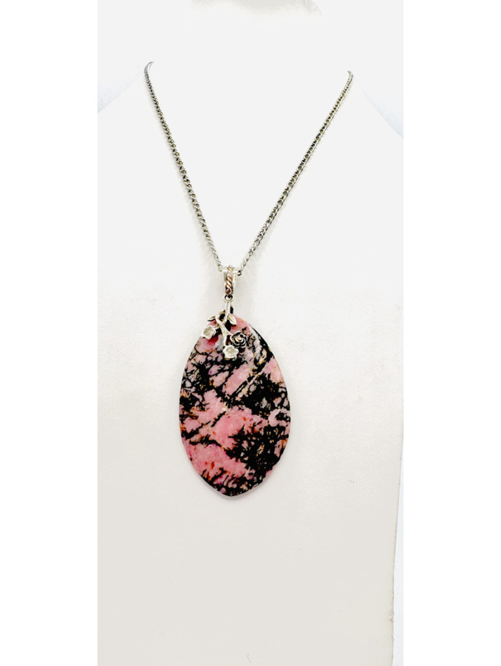 Sterling silver chain polished teardrop shape rhodonite pendant